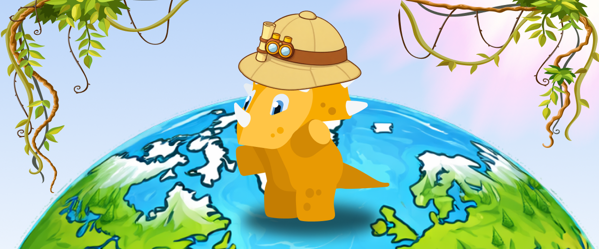 Dinolingo dinosaur standing on the Earth globe on World Earth Day