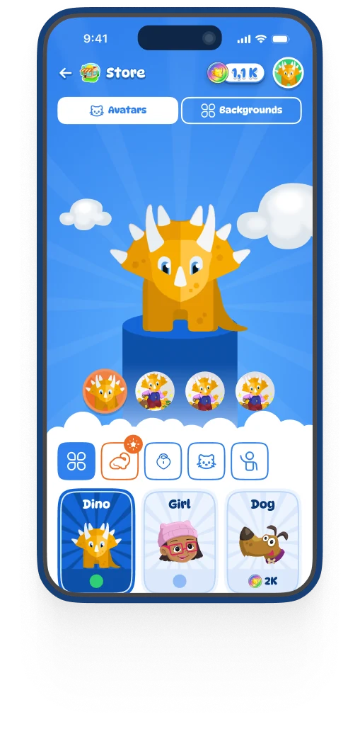 Dinolingo Spanish lesson screen — store and avatars