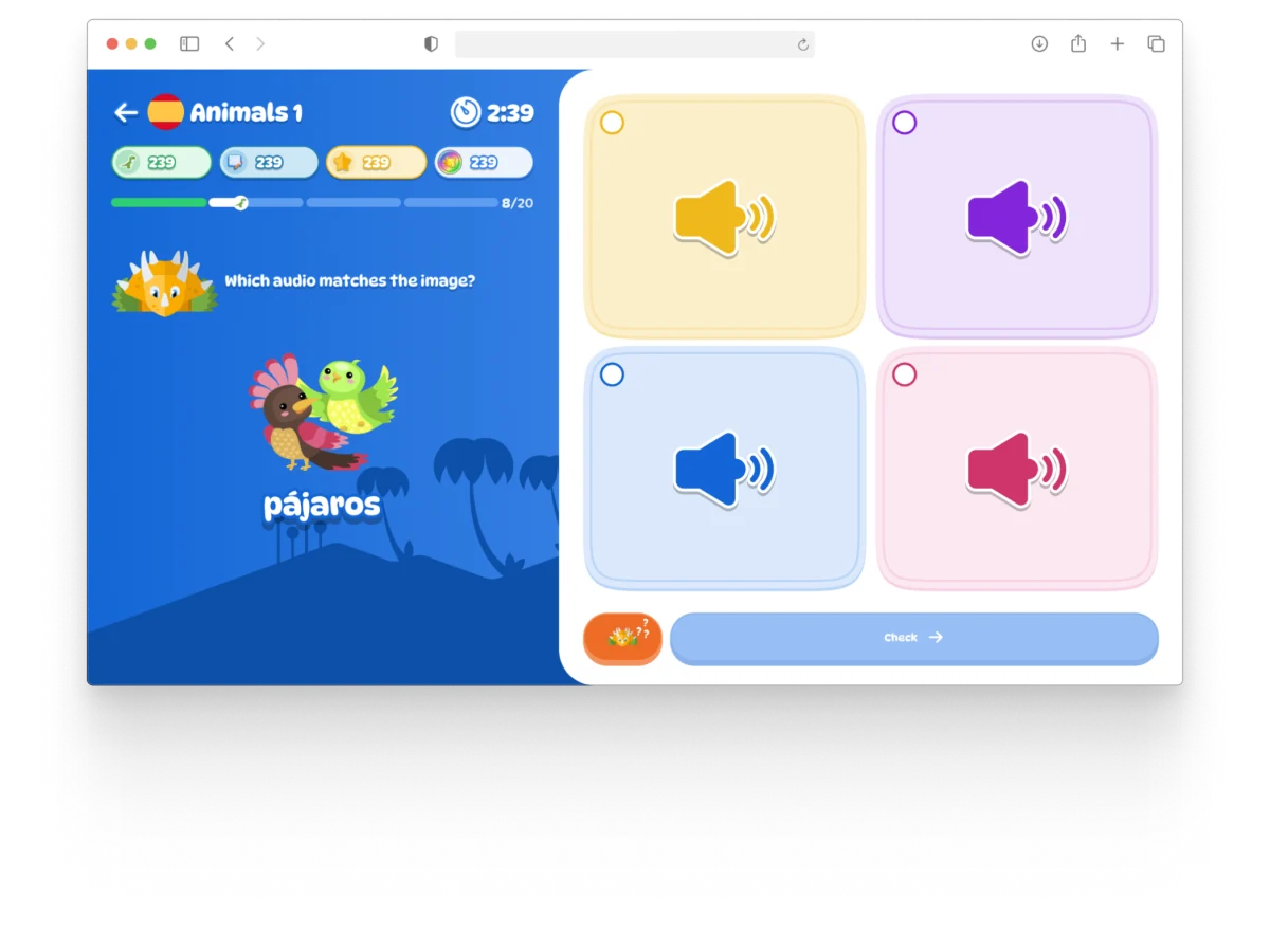 Dinolingo Spanish lesson on desktop