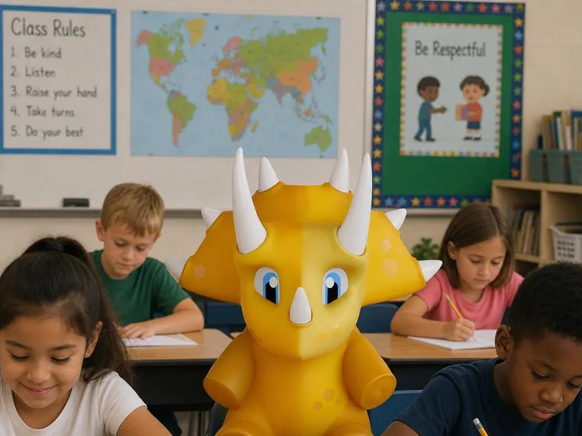 Students working at their desks in a classroom with the Dinolingo dinosaur mascot