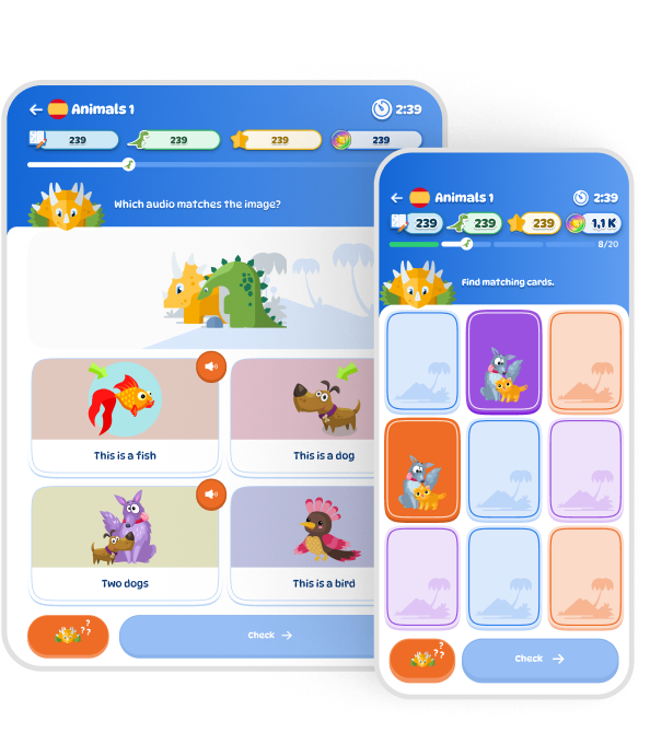 Dinolingo lesson screens on tablet and phone showing a matching game with streaks and coins