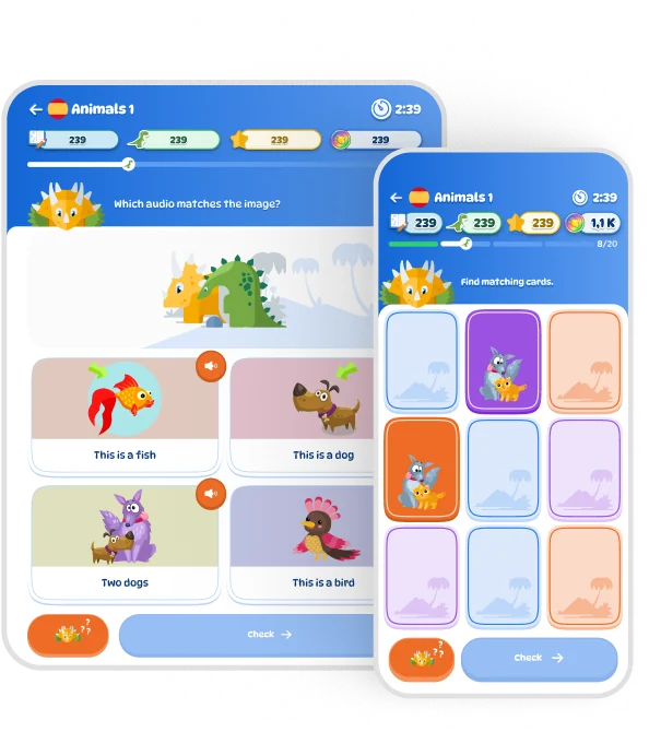Dinolingo lesson screens on tablet and phone showing a matching game with streaks and coins